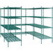 A green metal shelving unit with metal shelves and S-hooks.