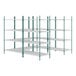 A green Regency wire shelving unit with four shelves.