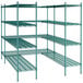 A Regency green metal wire shelving unit with four shelves.