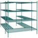 a blue metal shelf with metal bars