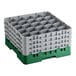 A green and gray plastic Cambro glass rack with several trays stacked inside.