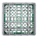 A white and green plastic Cambro glass rack with green and white compartments.