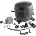An Avantco 110V compressor with wires, screws, and a hose in a black plastic container.