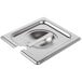 A Vollrath stainless steel steam table pan cover on a stainless steel pan.