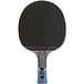 A black Stiga table tennis racket with a blue and white striped handle.