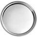 A round stainless steel platter with a rim.