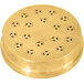 A gold circular metal plate with holes in it.