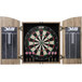 A black Dublin dartboard cabinet with a dartboard and darts in it.