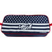 A blue and white striped bag with white stars and the USA flag on it.