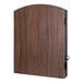 A wooden cabinet door with a black handle.