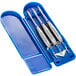 A blue plastic case with three Unicorn steel-tipped darts.