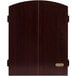 An Arachnid Bullshooter Marauder 5.0 dartboard cabinet with wood doors.