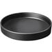A black round melamine plate with a raised black rim.