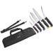 A Schraf Build-Your-Own 6-piece Knife Roll Set with black handles in a black case.