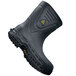 A close up of a black Shoes For Crews Bullfrog Pro II work boot with a yellow logo.
