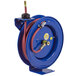 A blue Coxreels hose reel with a hose attached.