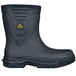 A black boot with a yellow Shoes For Crews logo.
