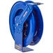 A blue metal Coxreels hose reel with yellow writing.