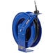 A blue Coxreels hose reel with a black hose on a white background.