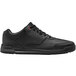 A black leather women's non-slip athletic shoe with red accents.
