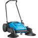 A blue and black Lavex outdoor manual sweeper with two round brushes and two wheels.