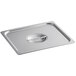 A Vigor stainless steel hotel pan cover on a stainless steel pan.