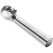 An aluminum silver ice cream scoop with a round handle.