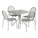 A Lancaster Table & Seating Harbor Gray square outdoor table with modern legs and four chairs.