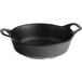 A black round faux cast iron melamine casserole serving dish with handles.