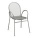 A Lancaster Table & Seating Harbor Gray metal arm chair with a wire mesh back.