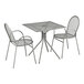 A Lancaster Table & Seating Harbor Gray square metal outdoor table with two arm chairs.