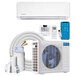 A white MRCOOL ductless mini-split air conditioner with accessories and a blue circle on the screen.