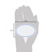 A hand holding a white oval Ketchum Manufacturing Deli Sign Spear with blue border.