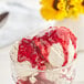 A bowl of ice cream topped with red J. Hungerford Smith Raspberry Dessert Topping.