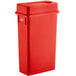 A red plastic Lavex Slim Rectangular trash can with a Drop Shot lid.