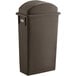 A Lavex brown slim rectangular trash can with a dome swing lid.