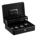 A black cash box with a tiered coin tray and a lock on the front.