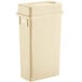 A tan plastic Lavex Slim Rectangular trash can with a lid.