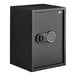A black steel security safe with an electronic keypad lock.