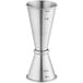 A Tablecraft stainless steel Japanese jigger with measurements.