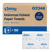 A case of Kleenex Universal Folded Paper Towels containing 8 packs of 150 white multifold towels each.