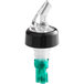 A clear TableCraft liquor pourer with a green tail and black collar.