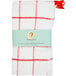 A white dishcloth with a red windowpane pattern and hanging loop.