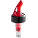 A red TableCraft liquor pourer with a clear spout and black collar.