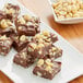 A plate of chocolate fudge with Raw Macadamia Nuts on it.