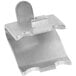 A close-up of a stainless steel shelf clip.