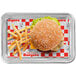 A rectangular sheet of white customizable basket liner or deli wrap with a red checkered pattern and food illustrations, used to line trays or baskets for serving food.