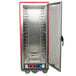 A large red and silver metal holding and proofing cabinet with a clear door.