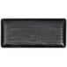 A black matte rectangular melamine plate with an embossed design.