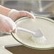 A person in gloves cleaning a plate with a Quickie dish brush.